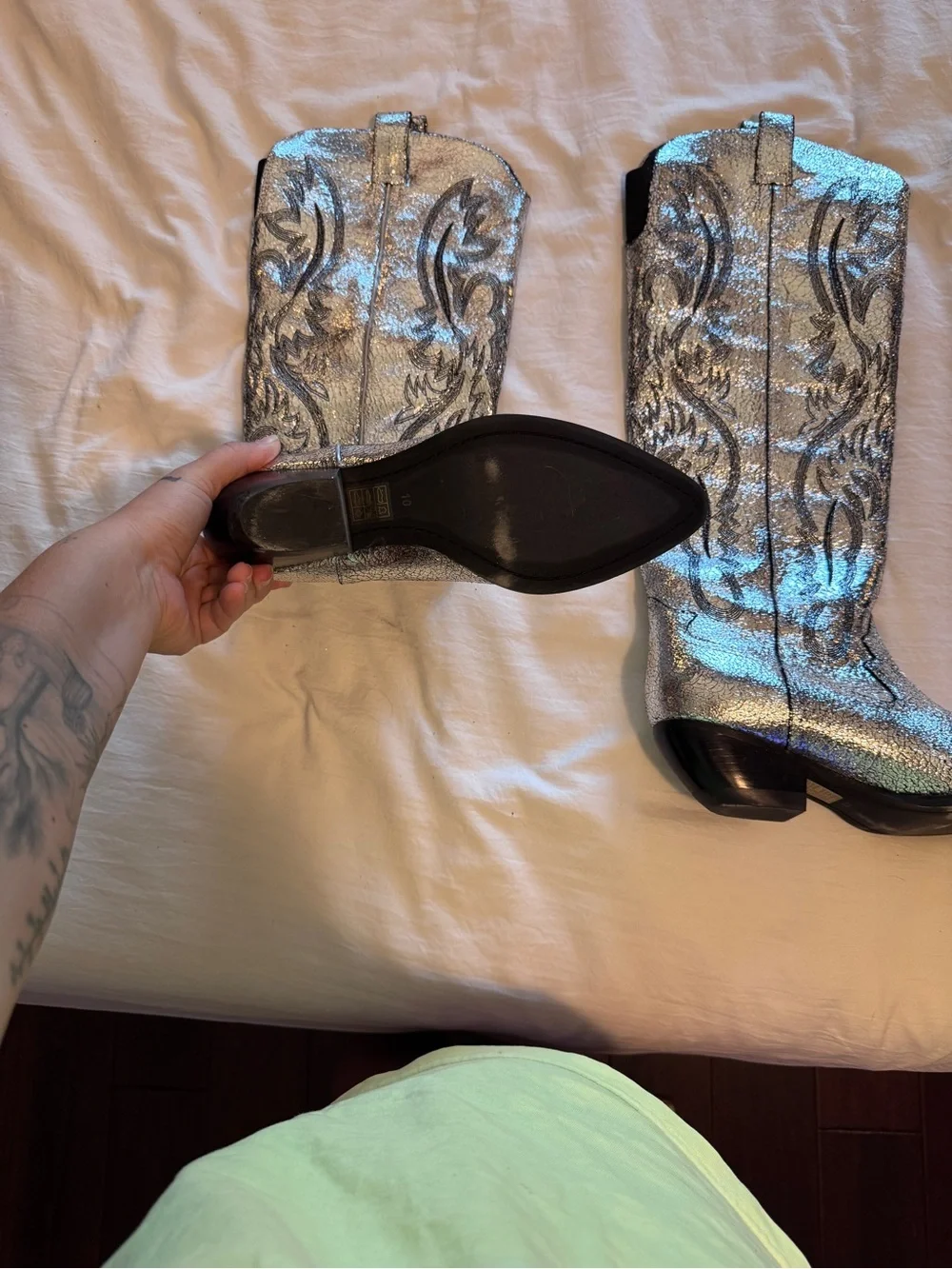 Free People Jeffrey Campbell Metallic Silver Embroidered Tall Cowboy Boots